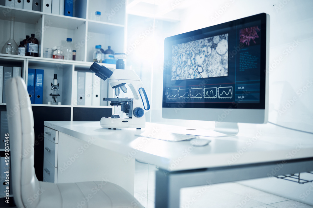 Aufkleber Into the world of science we go. a microscope and computer in a modern laboratory.