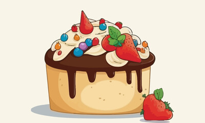 Cake with chocolate. Cartoon cake with strawberries. Vector illustration