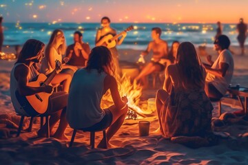 Musicians at the guitar over a campfire at dusk at the beach. Generative AI - obrazy, fototapety, plakaty