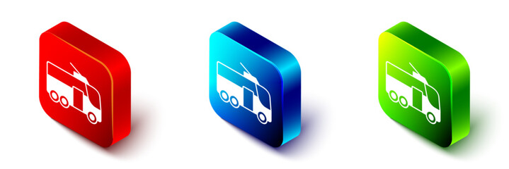 Isometric Trolleybus icon isolated on white background. Public transportation symbol. Red, blue and green square button. Vector