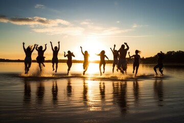 Young group of people jumping into the air at beach. Generative AI