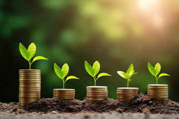 Grow early on coins and soil ideas for saving money, financial growth and profit from business investments. Financial growth concept. Generative AI.