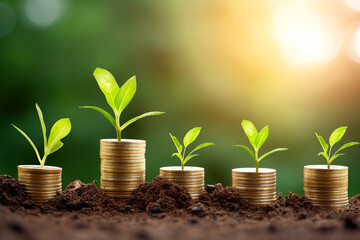 Fototapeta na wymiar Grow early on coins and soil ideas for saving money, financial growth and profit from business investments. Financial growth concept. Generative AI.