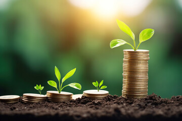 Grow early on coins and soil ideas for saving money, financial growth and profit from business investments. Financial growth concept. Generative AI.