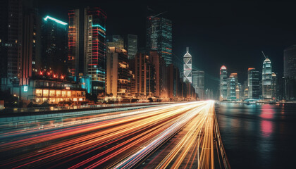 Fototapeta na wymiar Glowing city skyline ignites vibrant night traffic generated by AI