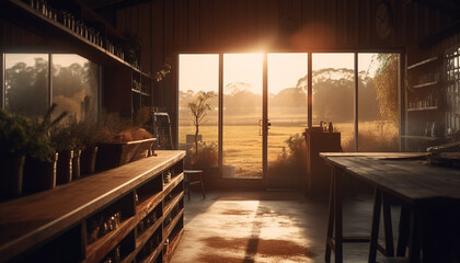 Fototapeta premium Sunset over rural landscape, wood table indoors generated by AI