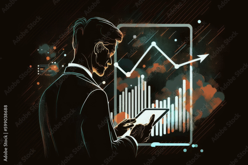 Poster illustration of businessman use tablet for analysing stock market profit on global business data net