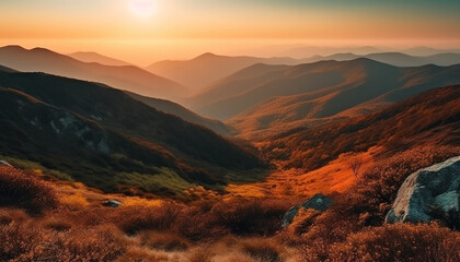Majestic mountain range, tranquil sunset, nature beauty generated by AI