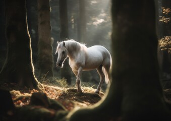 Fototapeta na wymiar Majestic White Horse in Dreamy Forest. Generative AI.