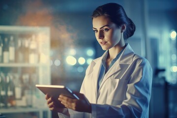 A woman in a lab coat using a tablet computer. Generative AI