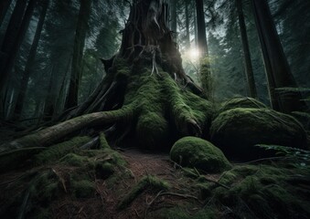 Ecosystem of Tree Roots with moss at rain forest. Generative AI.