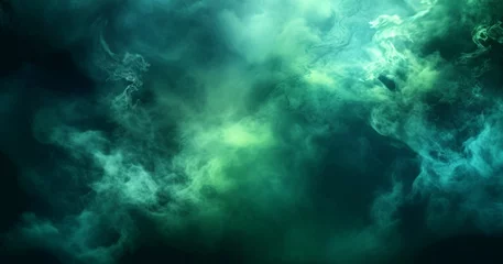 Zelfklevend Fotobehang Abstract backdrop Cloud of green and blue smoke on a black isolated background. soft mystery horror design, spooky background texture concept © annebel146