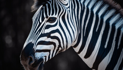 Fototapeta na wymiar Striped zebra in Africa nature, close up portrait generated by AI