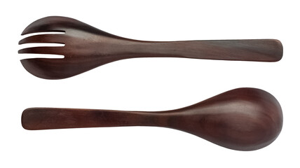 Wooden spoon and fork for salad on a transparent background. isolated object. Element for design