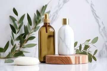 Eucalyptus oil, brush and bottle of natural oils on white background design. Generative AI