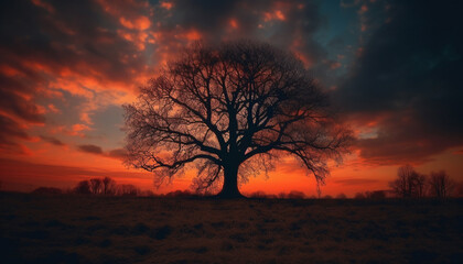 Silhouette of acacia tree at African sunset generated by AI