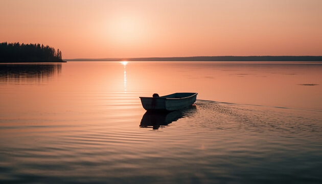 Tranquil sunset on blue water, rowboat reflection generated by AI