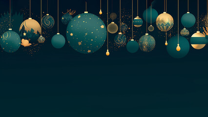 Christmas ornaments on a dark blue-green background, space for copy or text