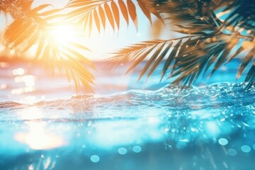 Fototapeta na wymiar Summer tropical beach background with palm leaves, sparkling water reflections. Generative AI
