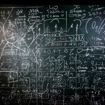 Blackboard with complex equations and mathematical formulas background.