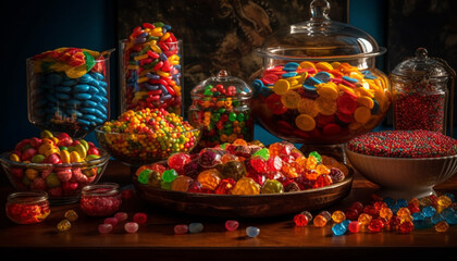 Fototapeta na wymiar Abundance of colorful candy in Halloween bowl generated by AI