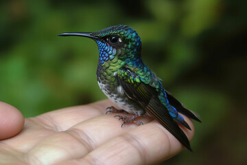 Obraz premium Colibri bird sitting on the hand. Generative ai