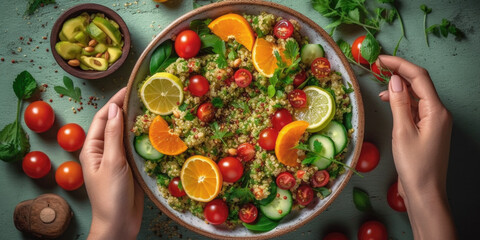 Fototapeta na wymiar Quinoa tabbouleh salad with red cherry tomatoes, paprika, avocado, cucumbers and parsley. Generative AI.
