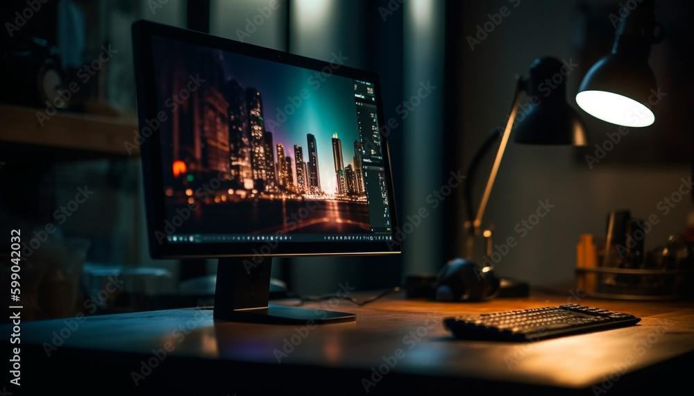 Poster working late at modern office, illuminated by computer generated by ai