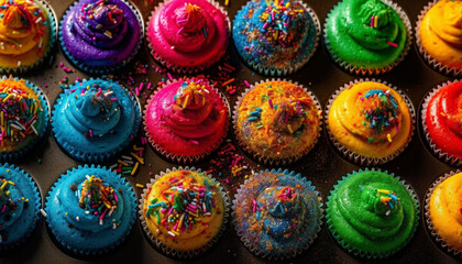 A colorful collection of gourmet cupcakes in rows generated by AI