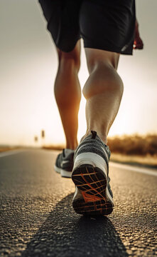 Close up on shoe sprint powerful. Man runner athlete running on the road. Generative AI