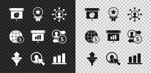 Set Graph, chart, diagram, infographic, Medal with star, Business network and communication, Sales funnel arrows, User of man business suit, Pie, Earth globe dollar and icon. Vector