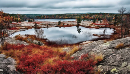 Tranquil autumn forest, vibrant colors reflect beauty generated by AI