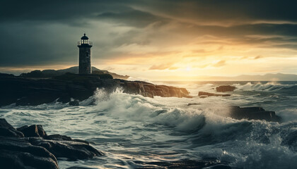 Obraz premium Sunset over the coastline, waves breaking on rocks generated by AI