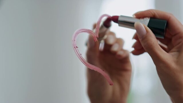 Lady fingers draw mirror lipstick indoors closeup. Unknown woman romantic mood Generative AI