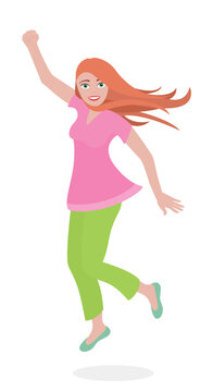 Jumping red-haired young woman with a sympathetic friendly smile - wearing a pink top, green leggings, turquoise ballet flats - pretty, cheerful, slim, fashionable, confident girl. Vector illustration