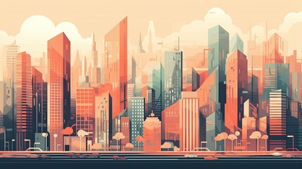 cityscape with tall skyscrapers and bustling streets