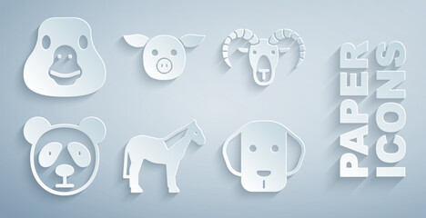 Set Horse, Head of goat ram, Cute panda face, Dog, Pig and Goose bird icon. Vector © Vadim