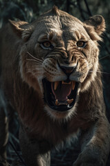 Fototapeta na wymiar Wild lion roaring aggressively. Jungle forest savannah running generative ai