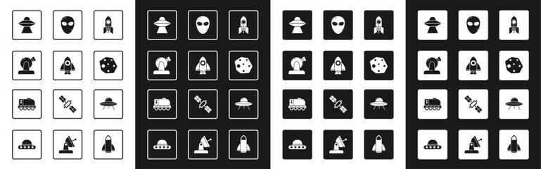 Set Rocket ship, Astronomical observatory, UFO flying spaceship, Asteroid, Alien, and Mars rover icon. Vector