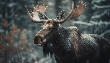 Horned stag grazes in snowy forest landscape generated by AI