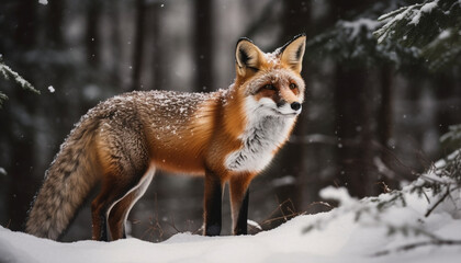 Naklejka na ściany i meble Cute red fox looking at camera in snow generated by AI