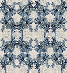 Flowers and leaves in vintage style, seamless pattern.