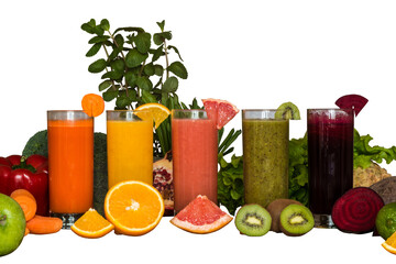 Different colorful fresh juices vegetables and fruits detox diet healthy eating presentation frame...