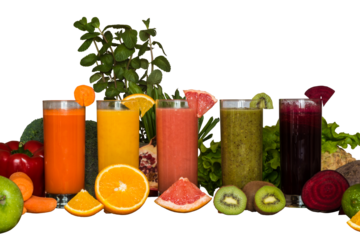 Different colorful fresh juices vegetables and fruits detox diet healthy eating presentation frame isolated png background