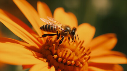 A Honeybee Close-Up on a Blooming Flower. Generative AI.