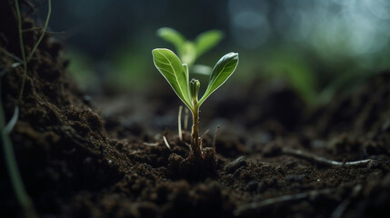 Growth and Renewal: A Young Plant Emerging from the Soil. Generative AI.