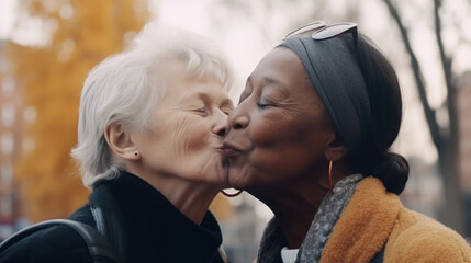 Fototapeta premium Old women lesbian couple. Black and Caucasian female in love. LGBT pride month celebration generative ai