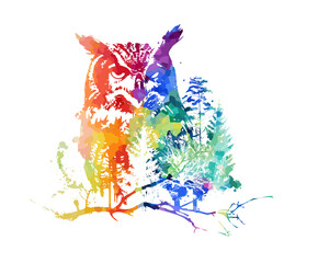 colorful graphic portrait of an owl in the forest. Abstraction trees and owl. Print for t-shirt or tattoo, graffiti style. Vector illustration