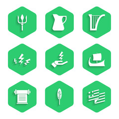 Set Zeus, Feather pen, Greece national flag, Greek trireme, Decree, parchment, scroll, Harp and Neptune Trident icon. Vector