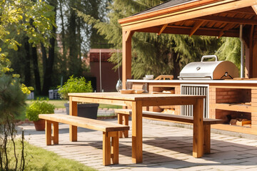 outdoor summer kitchen with long barbecue and table with dishes (generative AI)